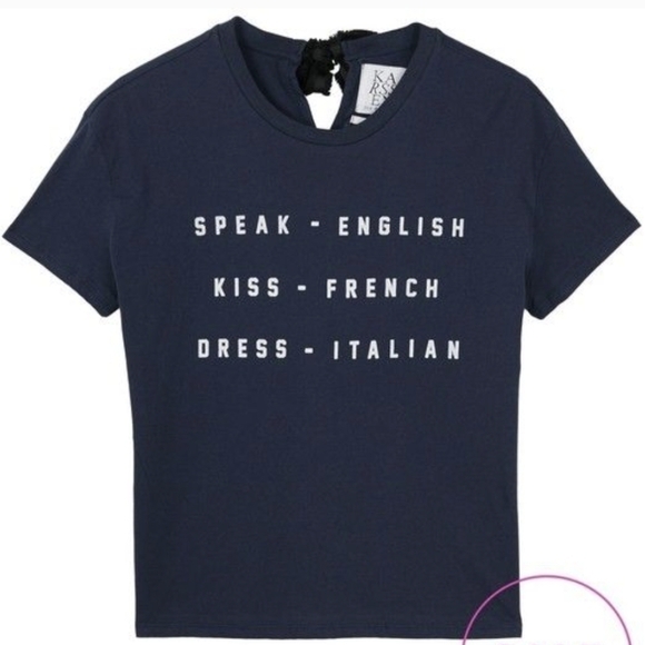 Zoe KARSSEN speak English kiss French dress Italian short sleeve tee black small - Picture 2 of 9